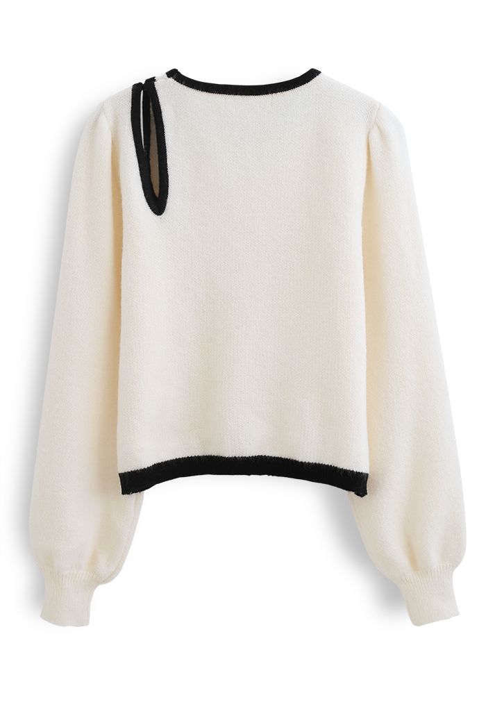 Contrast Color Cut Out Shoulder Knit Sweater in Ivory