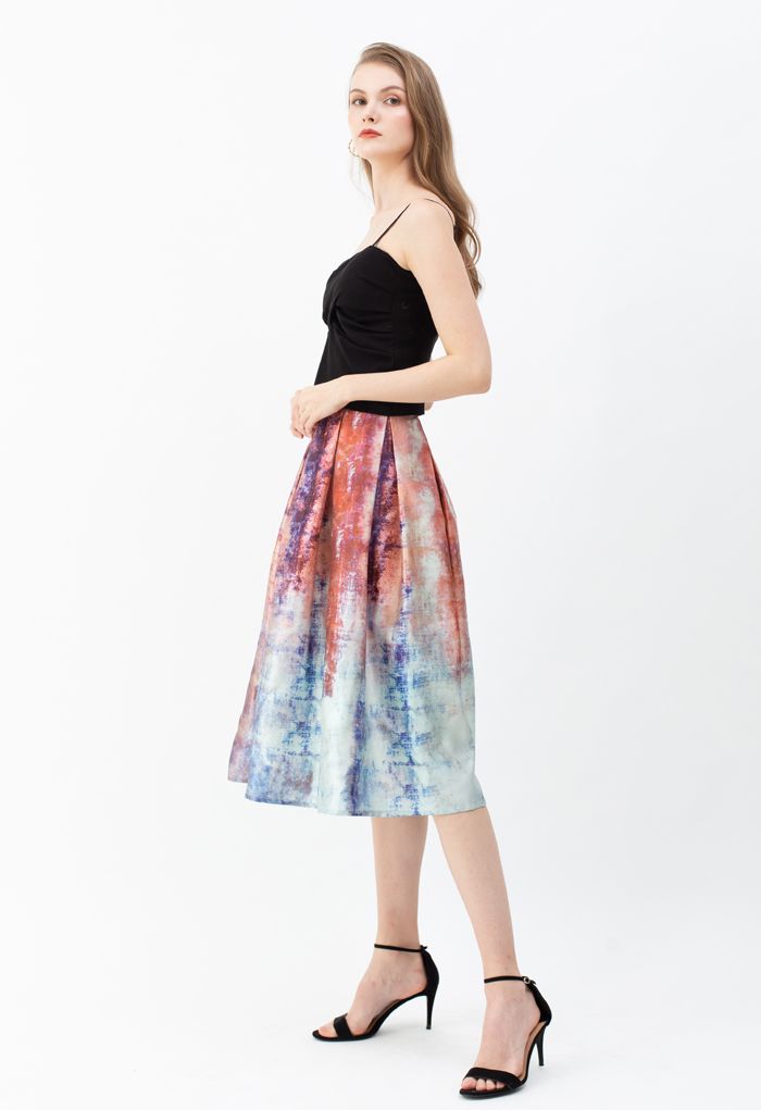 Wonderland Maze Print Pleated A-Line Midi Skirt