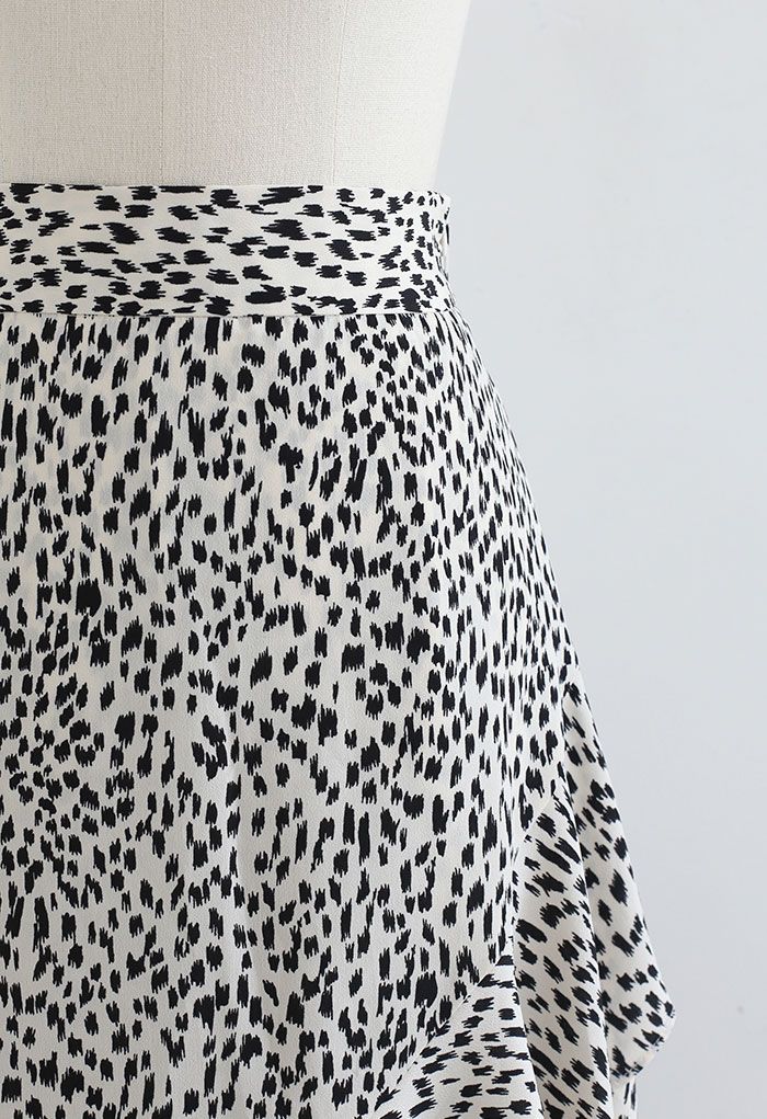 Spot Print Ruffle Asymmetric Midi Skirt in White