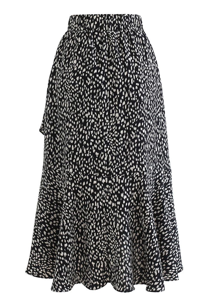 Spot Print Ruffle Asymmetric Midi Skirt in Black