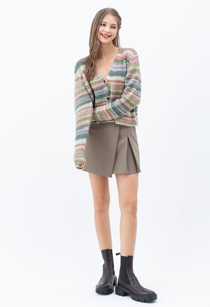 Striped Block Buttoned Crop Knit Cardigan in Moss Green