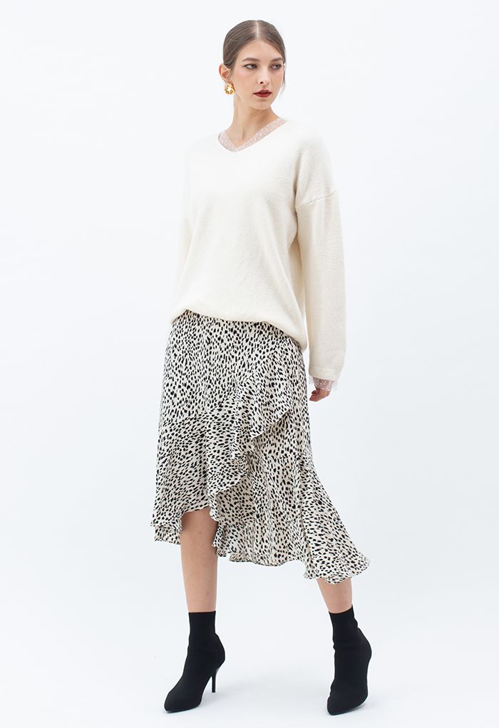 Spot Print Ruffle Asymmetric Midi Skirt in White