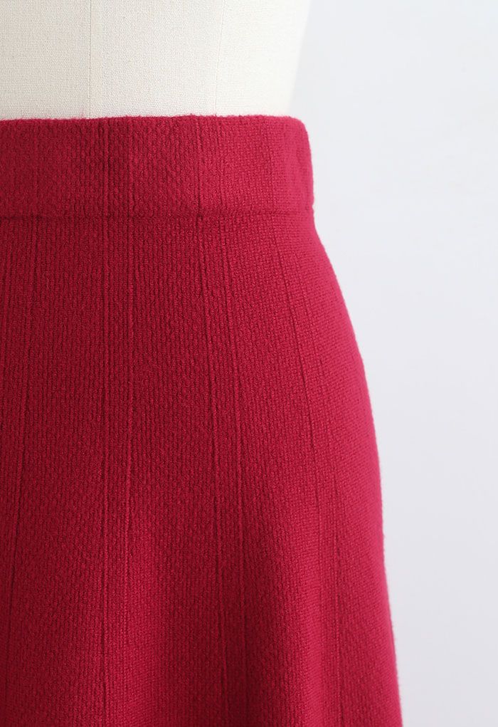 Textured Knit Flare Hem Knit Midi Skirt in Red