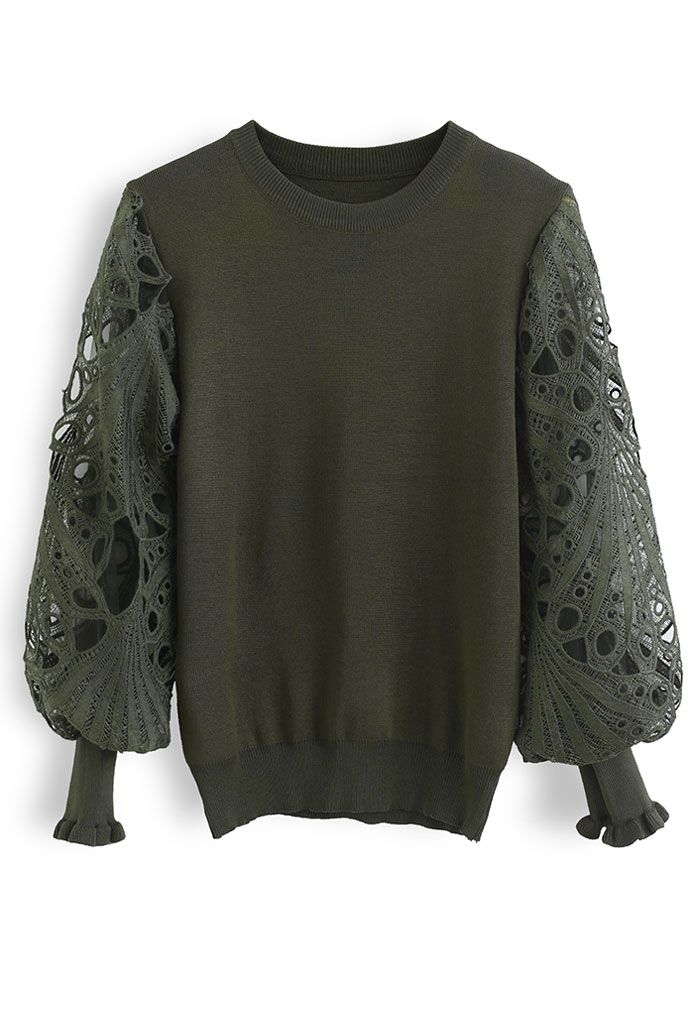 Scalloped Crochet Puff Sleeve Knit Top in Army Green