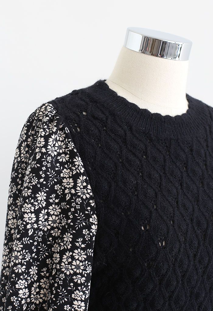 Spliced Knit Floral Midi Dress in Black