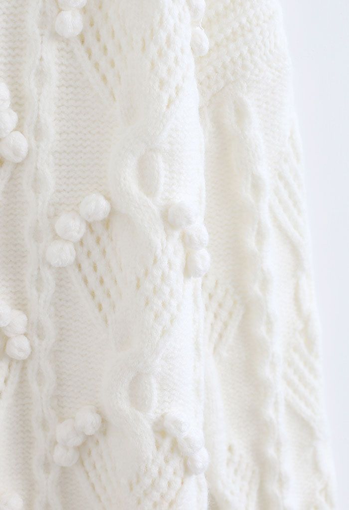 Pom-Pom Braid Hollow Out Knit Cardigan in White