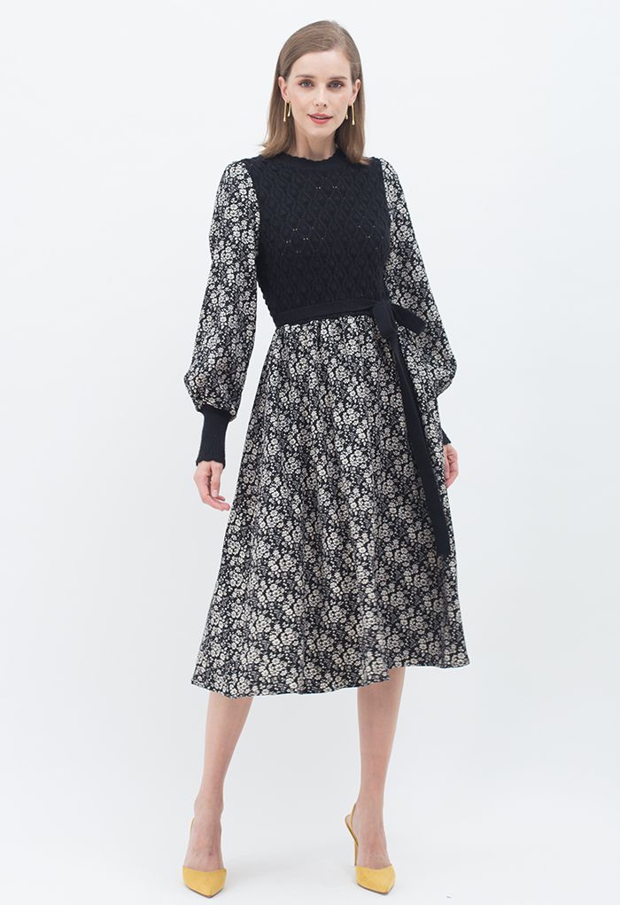 Spliced Knit Floral Midi Dress in Black