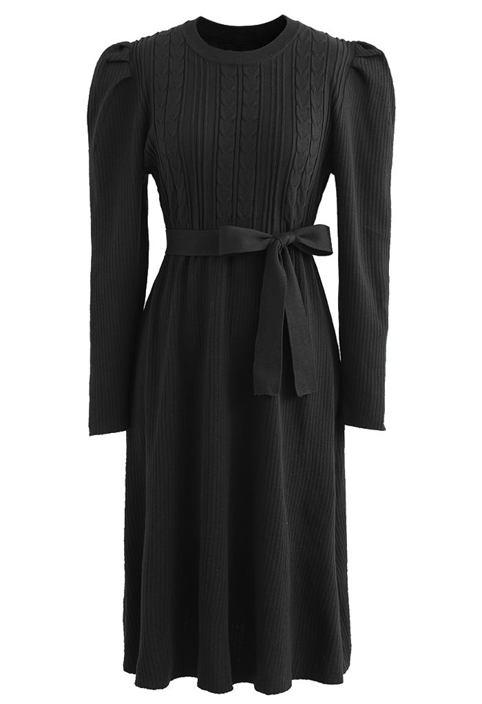 Braid Knit Gigot Sleeve Midi Dress in Black