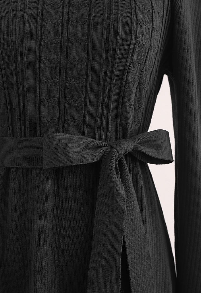 Braid Knit Gigot Sleeve Midi Dress in Black