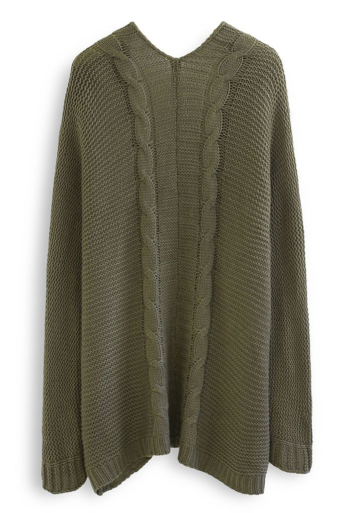 Open Front Pocket Braid Knit Cardigan in Army Green