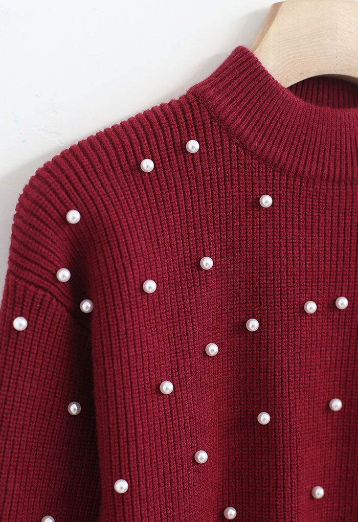 Mock Neck Pearl Embellish Knit Top in Red