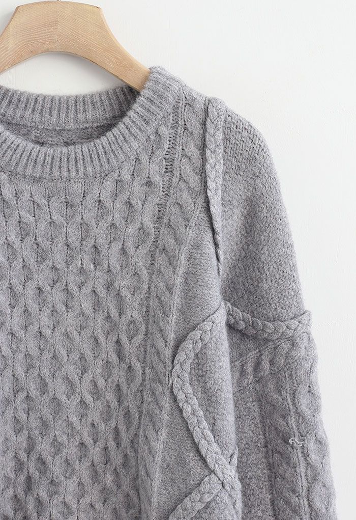 Round Neck Cable Knit Oversized Sweater in Grey