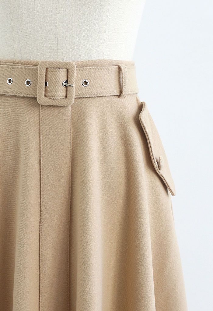 Wool-Blend A-Line Belted Skirt in Camel