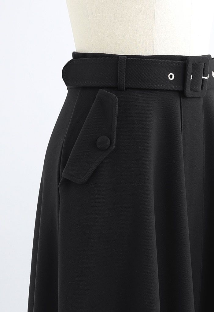 Wool-Blend A-Line Belted Skirt in Black