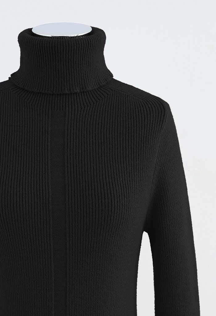 Black Turtleneck Ribbed Knit Sweater