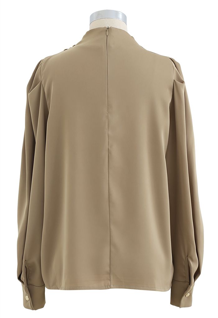 Buttoned Ruched Neck Satin Top in Tan