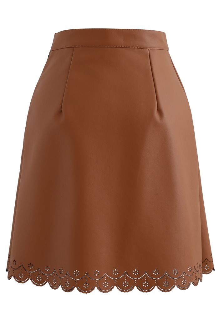 Faux Leather Cutwork Mini Skirt in Caramel
