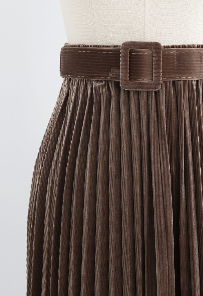 Belted Velvet Full Pleated Midi Skirt in Caramel