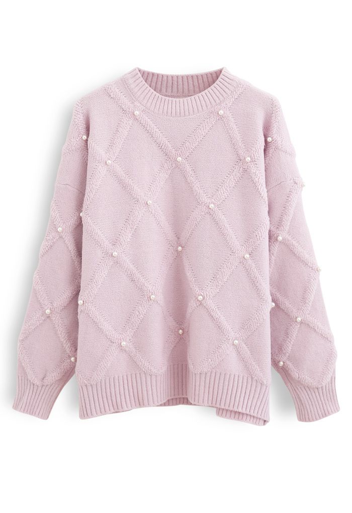 Diamond Pearls Trim Fuzzy Knit Sweater in Pink