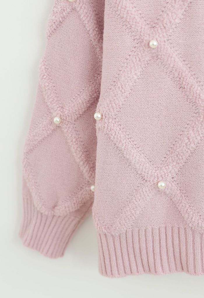 Diamond Pearls Trim Fuzzy Knit Sweater in Pink