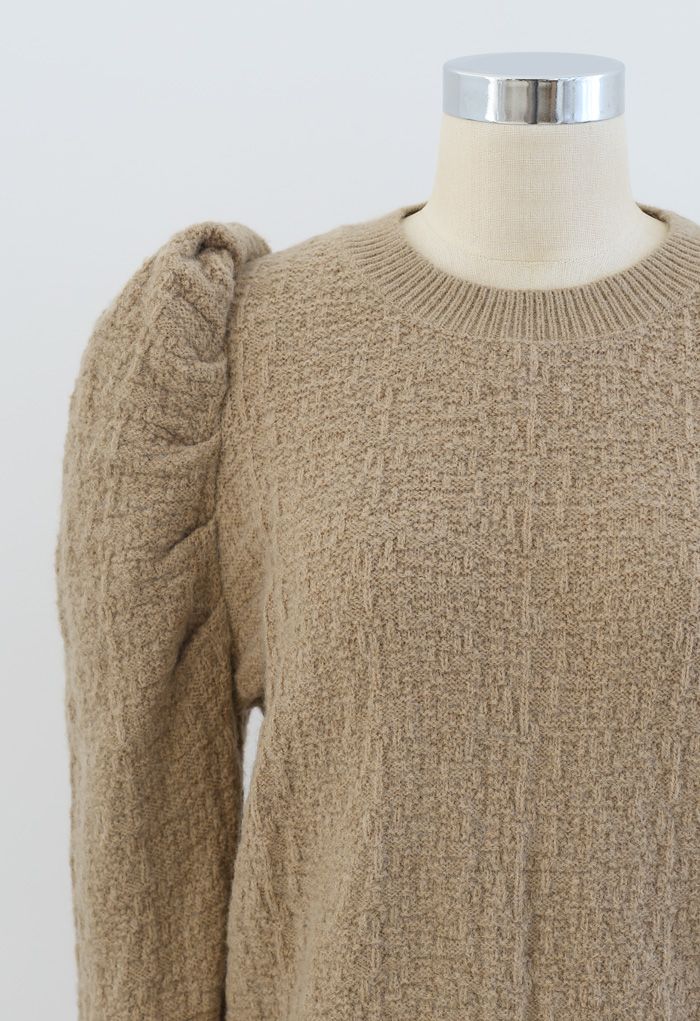 Puff-Shoulder Texture Knit Sweater in Tan