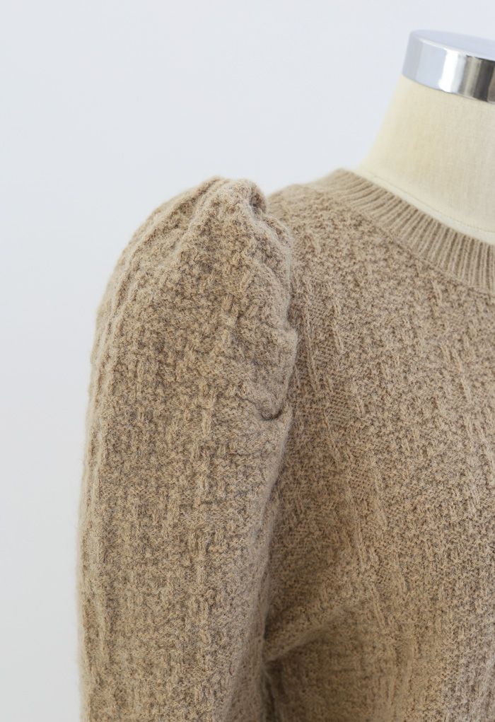 Puff-Shoulder Texture Knit Sweater in Tan