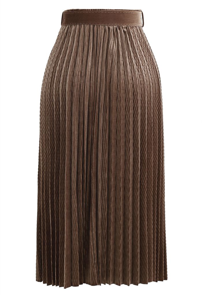 Belted Velvet Full Pleated Midi Skirt in Caramel