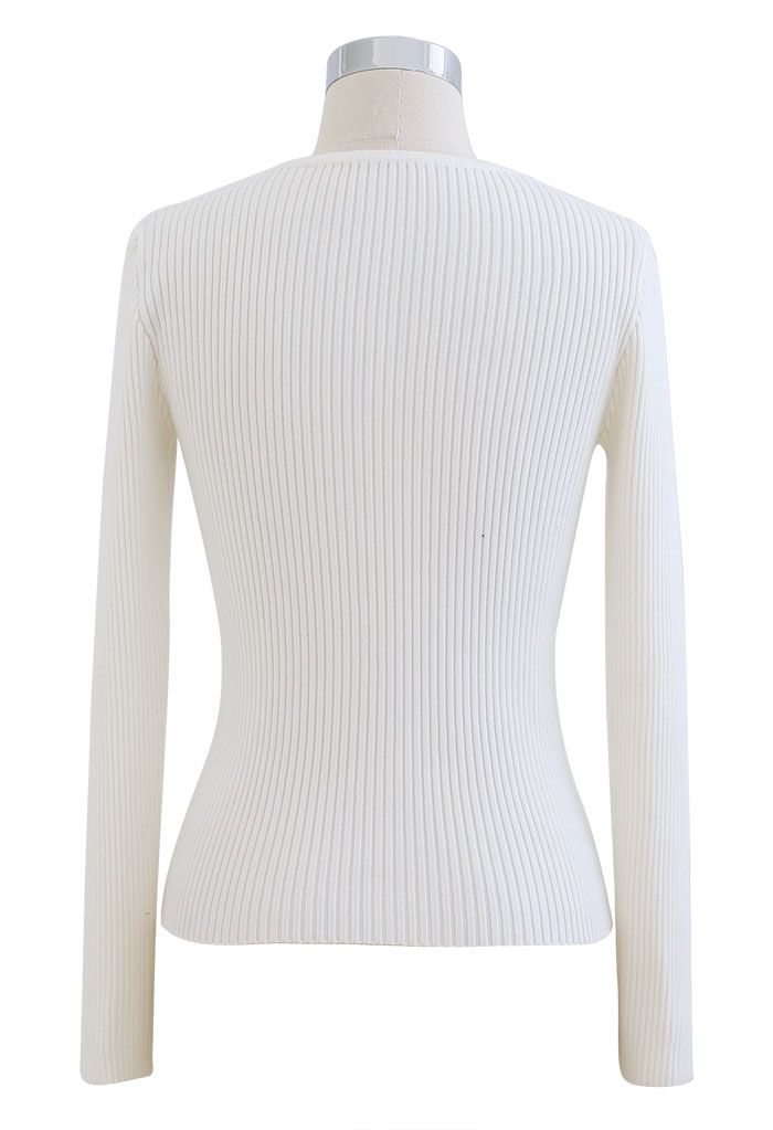 Buttoned Neck Cutout Rib Knit Top in White