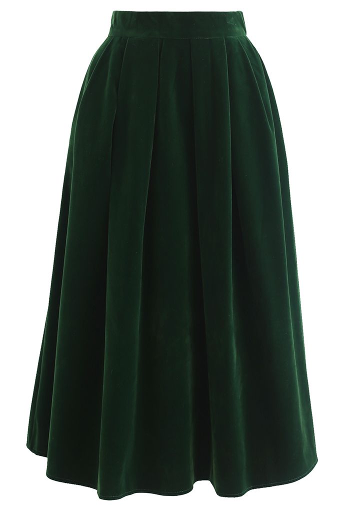 Velvet Sheen Pleated Midi Skirt in Emerald