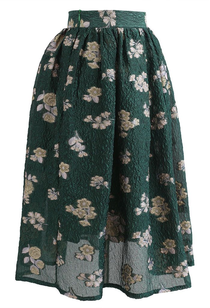 Floral Embossed Jacquard Midi Skirt in Green