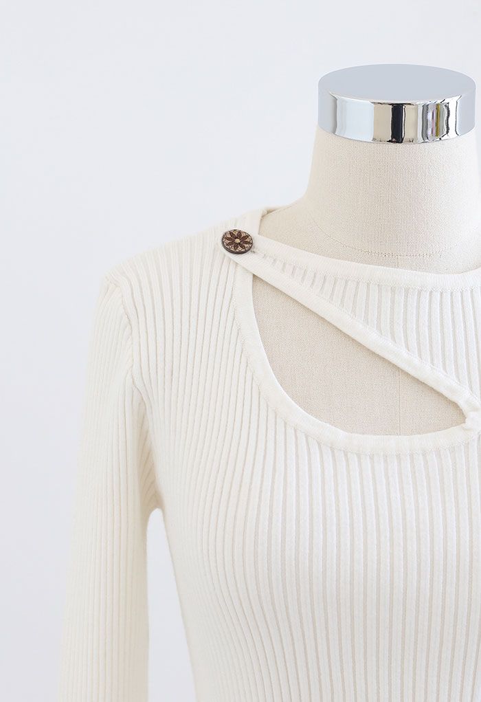 Buttoned Neck Cutout Rib Knit Top in White
