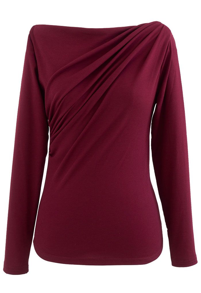 Ruched Front Long Sleeve Top in Burgundy