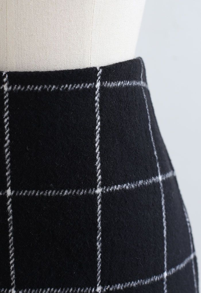 Black Grid Wool-Blend Mini Bud Skirt