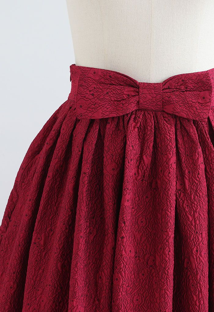 Bowknot Waist Florets Jacquard Midi Skirt in Red
