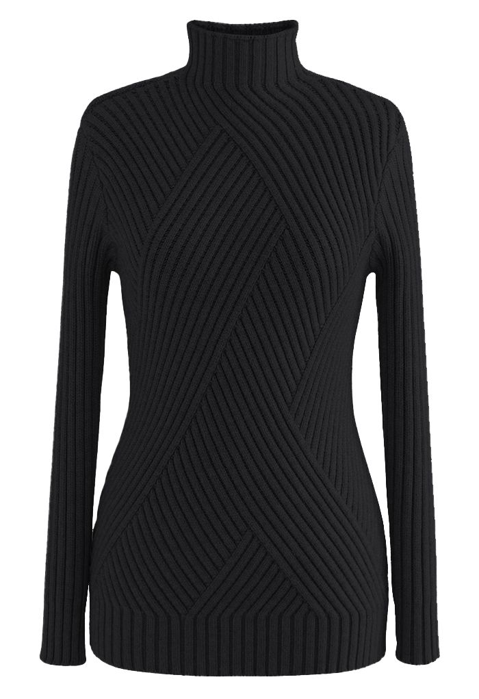 Mock Neck Long Sleeve Fitted Knit Top in Black