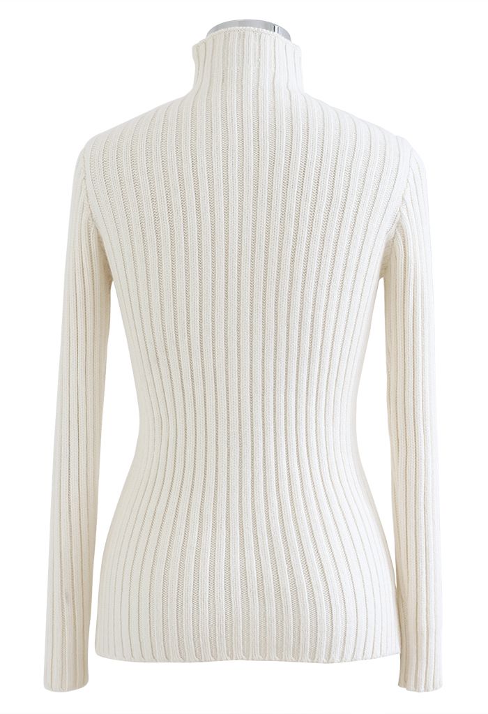 Mock Neck Long Sleeve Fitted Knit Top in Ivory