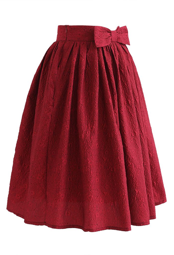 Bowknot Waist Florets Jacquard Midi Skirt in Red