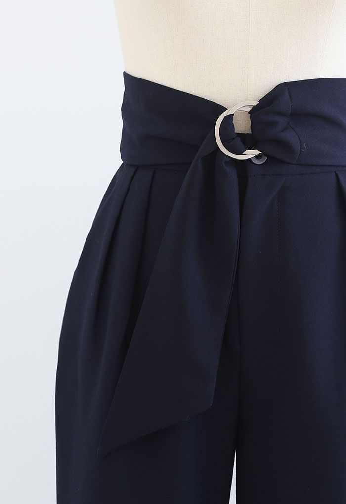 O-Ring Knotted Waist Wide Leg Pants in Navy