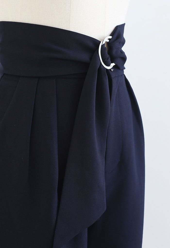 O-Ring Knotted Waist Wide Leg Pants in Navy