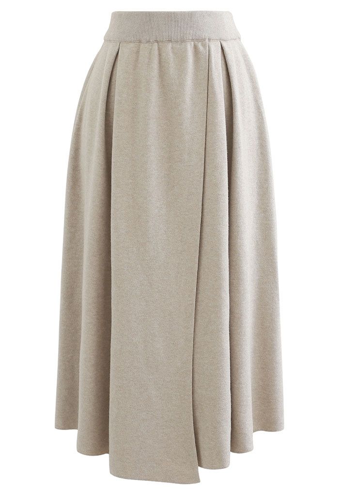 All-Match Flap A-Line Knit Skirt in Sand