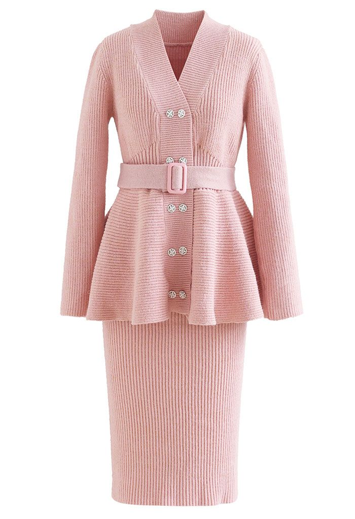 Shimmer Knit Peplum Sweater and Pencil Skirt Set in Pink