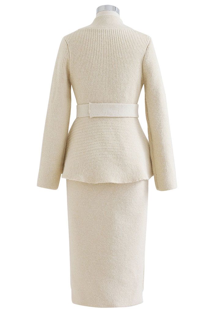 Shimmer Knit Peplum Sweater and Pencil Skirt Set in Sand
