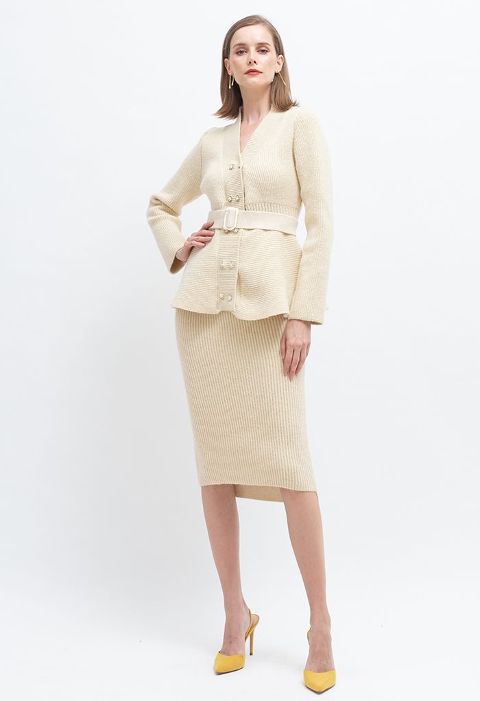 Shimmer Knit Peplum Sweater and Pencil Skirt Set in Sand