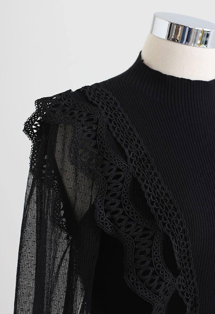 Scalloped Crochet Mesh Sleeves Knit Top in Black - Retro, Indie and ...