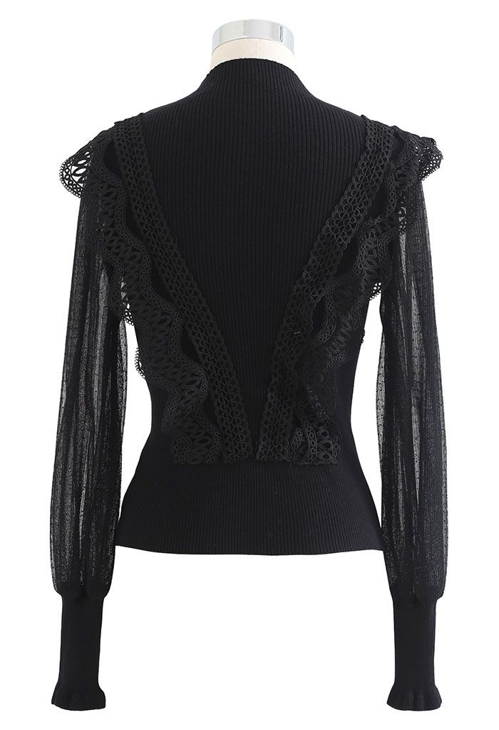 Scalloped Crochet Mesh Sleeves Knit Top in Black - Retro, Indie and ...