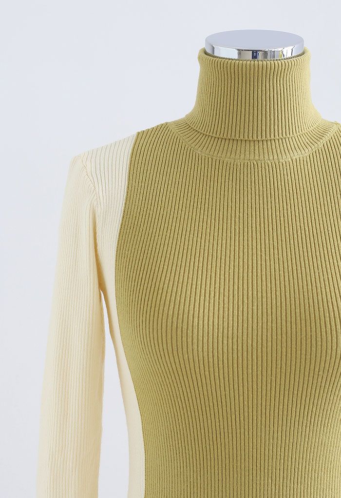 Two-Tone Turtleneck Fitted Knit Top in Mustard