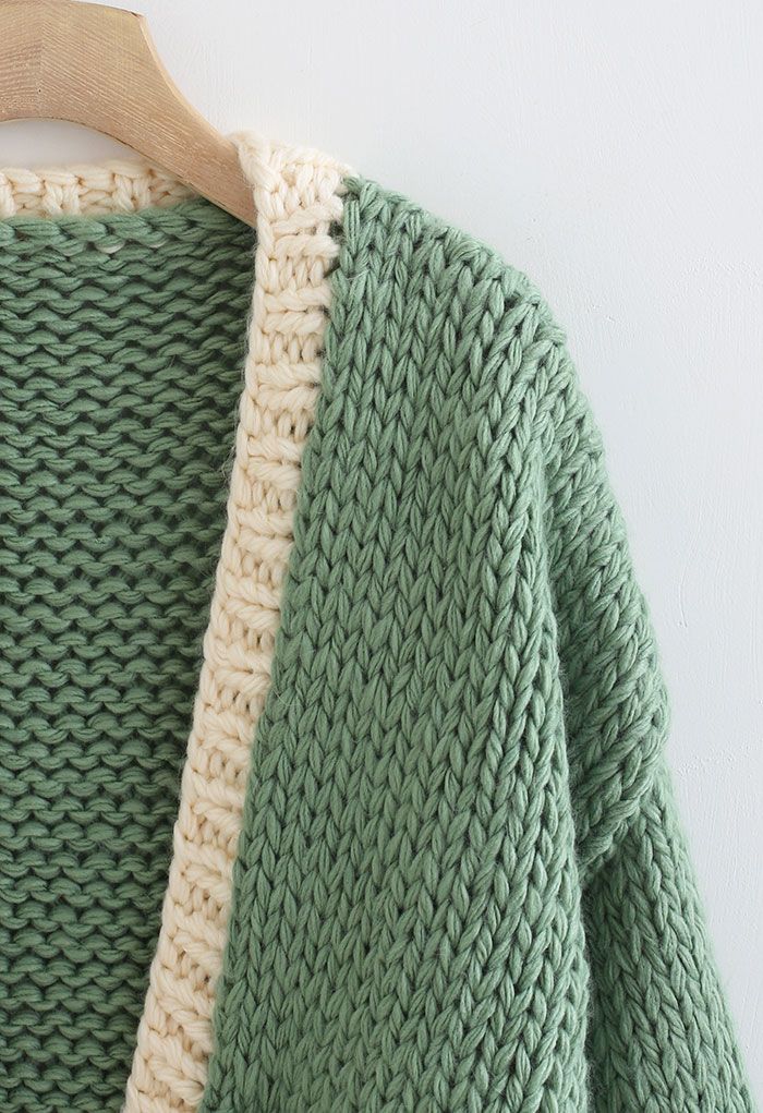 Color Blocked Hand-Knit Chunky Cardigan in Green