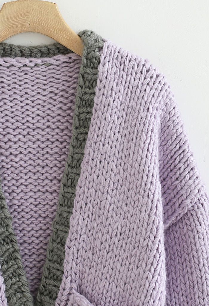 Color Blocked Hand-Knit Chunky Cardigan in Violet