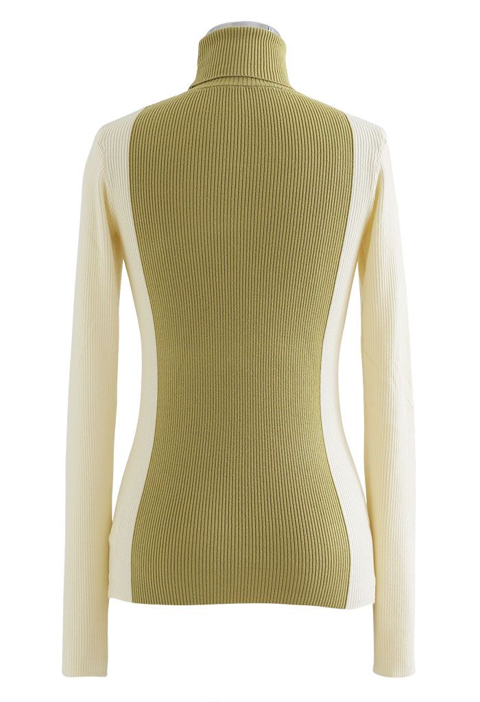 Two-Tone Turtleneck Fitted Knit Top in Mustard