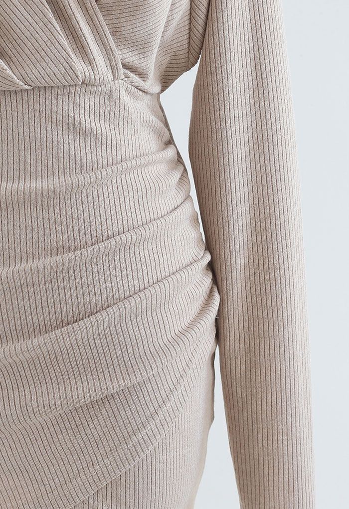 V-Neck Ruched Side Wrap Mini Knit Dress in Linen